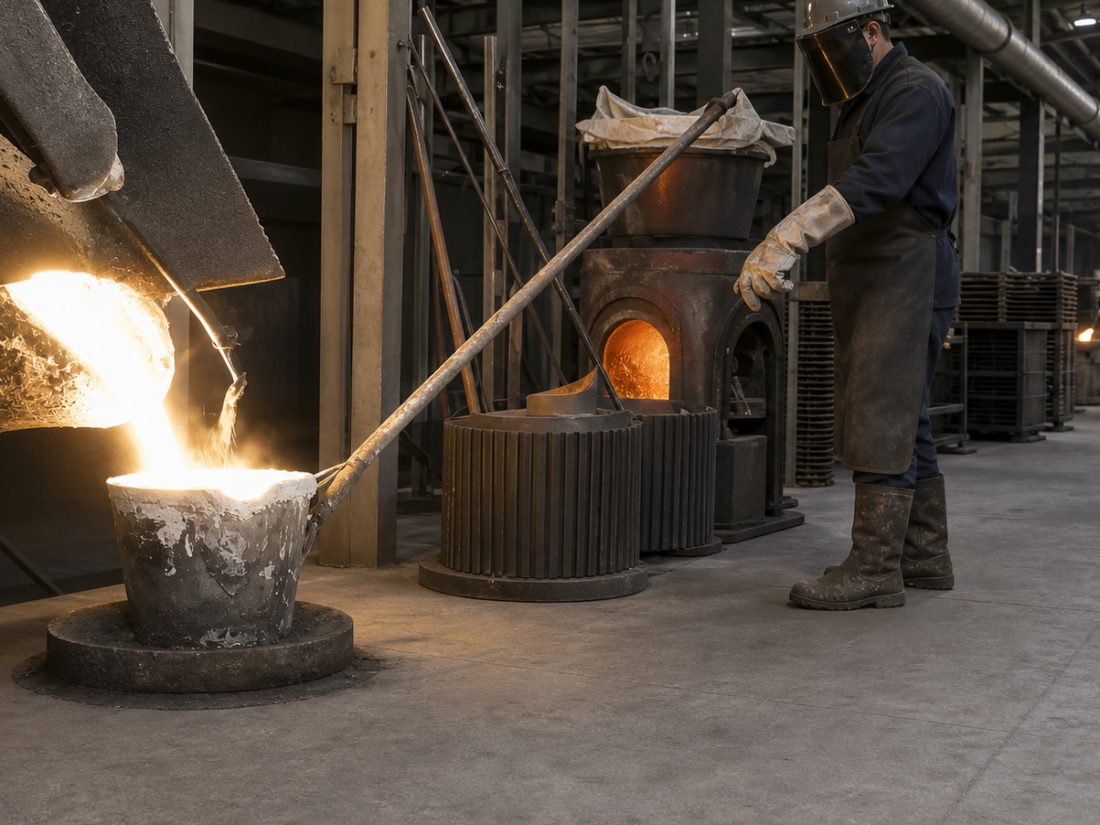 White-hot iron being poured from a hand ladle