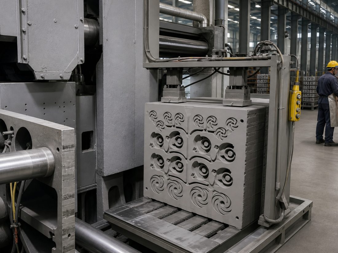 Sand mould block with twelve impeller cavities on the moulding line