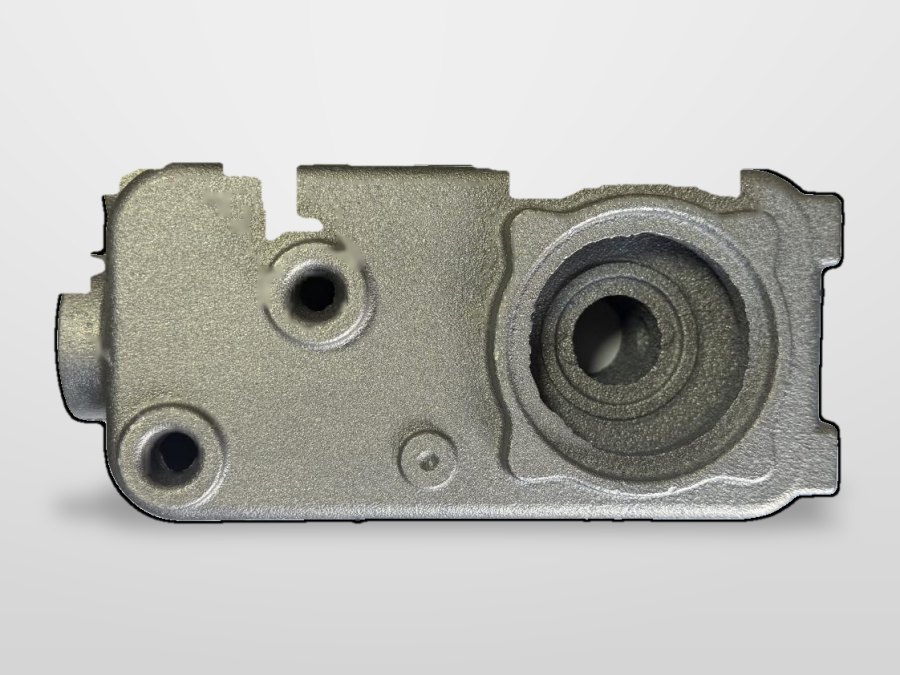 Sand-cast square pump casing, top face with bore and bolt holes
